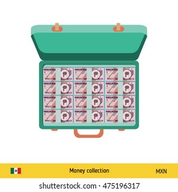 Hand giving Mexican Peso banknote and present gift instead. Shopping design over white background, vector illustration. 