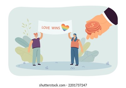 Hand giving money to activists at demonstration. Female characters standing with placard and rainbow heart flat vector illustration. LGBT support concept for banner, website design or landing web page