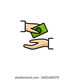A hand is giving money to another hand, capturing the concept of a financial transaction.