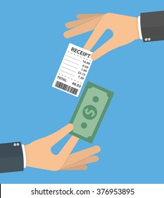 Hand giving money and another hand giving the receipt. Hand holding receipt and money bill. Flat design