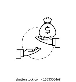 Hand giving money bag to another hand. Concept of payment, credit, loan and banking. Outline thin line flat illustration. Isolated on white background. 