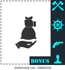 Hand giving money bag to another hand icon flat. Simple vector symbol and bonus icon