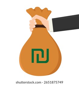 Mão dando saco de dinheiro com sinal de shkel isolado no fundo branco. Conceito de pagamento, crédito, empréstimo, banco. Ilustração vetorial 