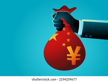 A hand giving money bag with Yuan currency symbol and China insignia, debt to China, Chinese investors, vector illustration