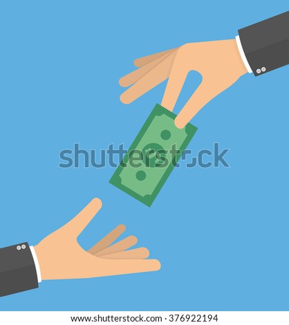 Hand giving money bill to another hand. Charity or payday concept. Flat style