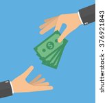Hand giving money bills to another hand. Donation, charity or payday concept. Hand holding money bills. Flat style design