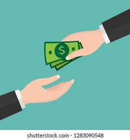 Hand giving money bills to another hand. Paying with money concept. Flat design.