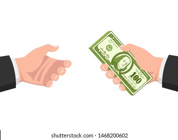 Hand giving money bills to another hand. Funding, bribe, donation, payday concepts. Vector illustration.
