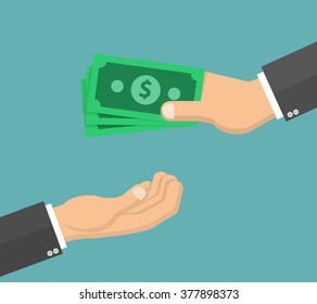 Hand giving money bills to another hand. Paying with money concept. Flat design