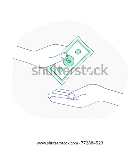 Hand giving money bills to another hand. Receiving money, Payment, Donation, Help, Transaction, Charity or Payday, Debt Repayment vector icon concept. Flat outline business design.