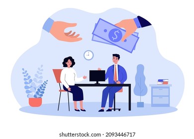 Hand giving money bribe to businessman in corrupt company. Man and woman sitting at office table flat vector illustration. Bribery, corruption concept for banner, website design or landing web page