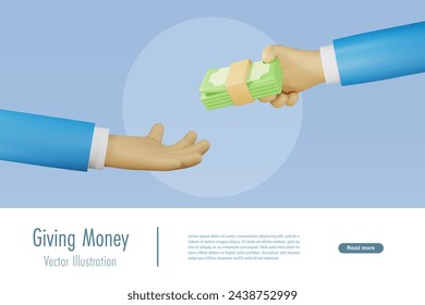 Hand giving money to businessman hand. Salary, wage, expense payment and corruption concept. 3D vector created from graphic software. svg