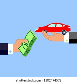 Hand giving money and car. Exchanging concept. Flat design style. Vector illustration.