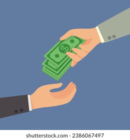 Hand giving money cash bills banknote to other hand. Concept business vector cartoon eps10 illustration in flat style. 