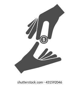 Hand giving money coin to another hand. Giving and receiving money - donation and charity icon concept