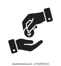 Mano dando moneda de dinero sólido icono de Vector negro aislado fondo blanco donación caridad pago limosna ayuda financiación compartir símbolo ilustración