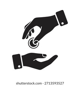 Hand giving money coin solid black vector icon isolated white background donation charity payment alms help finance sharing symbol illustration