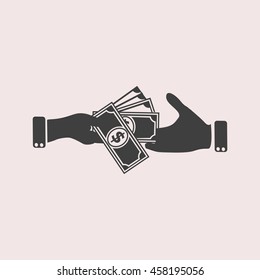 Hand giving money dollar to other hand web icon. Isolated illustration