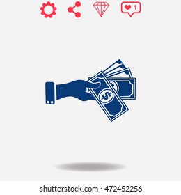 Hand giving money dollar vector icon on grey background.
