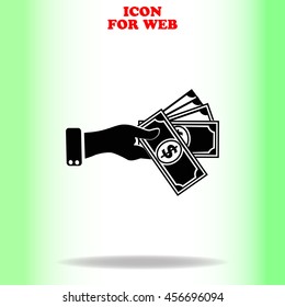 Hand giving money dollar web icon. Black illustration on white background