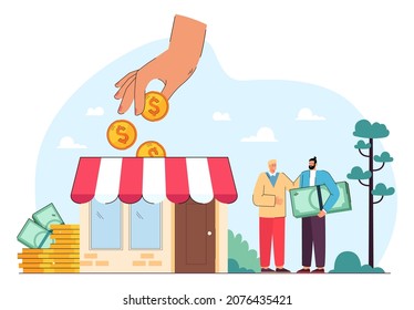 Hand Giving Money To Entrepreneurs And Local Shopkeepers. Tiny People Shop Owners Receiving Loan Flat Vector Illustration. Small Business Support, Collateral And Financial Help, Subsidy Concept