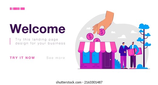 Hand giving money to entrepreneurs and local shopkeepers. Tiny people shop owners receiving loan flat vector illustration. Small business support, collateral and financial help, subsidy concept