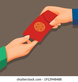 Hand giving money in envelope aka angpao concept in cartoon illustration vector