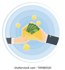 Hand giving money in envelope. Concept of payment, loan or corruption.