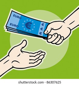 Hand, giving money (euro banknotes) to other hand, EPS 8, CMYK.