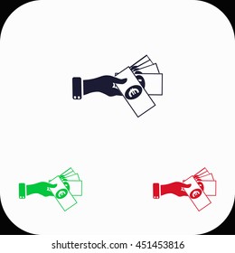 Hand giving money euro to other hand Illustration set. Blue, green, red icon.