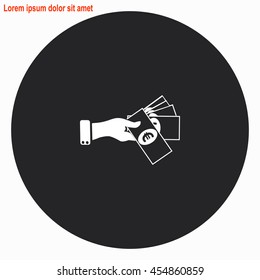 Hand giving money euro to other hand web icon. Gray circle button with white illustration.