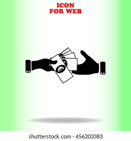 Hand giving money euro to other hand isolated web icon. Black illustration on white background
