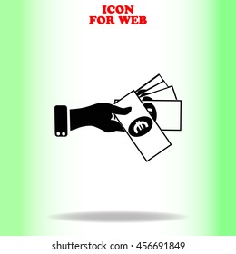 Hand giving money euro to other hand web icon. Black illustration on white background