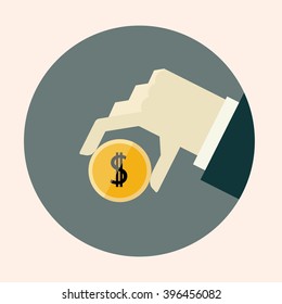 Hand is giving money, flat icon. Coin between fingers on dark background. Vector illustration
