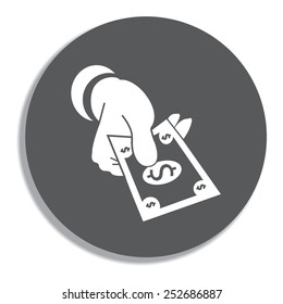 hand giving money on a grey background