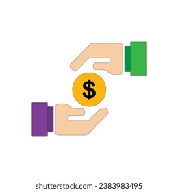 Hand giving money on white background. Islamic zakat icon vector illustration. Helping hands. Charity, donation concept. 