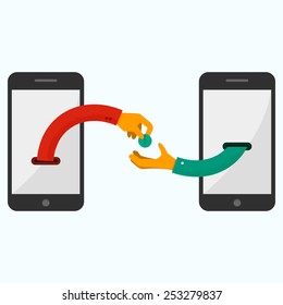 Hand Giving Money To Other Hand. Internet Banking And Mobile Payments Using Smartphone, Cash And Near Field Communication Technology, Online Banking. Payments Methods. Flat Vector Illustration