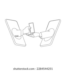 Hand giving money to other hand. One line art. Online payments concept. Hand drawn vector Illustration.