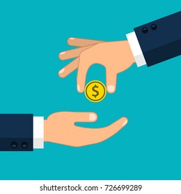 Hand giving money to other hand. Vector illustration.