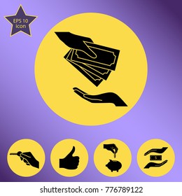 hand giving money to other hand vector icon. Flat design style