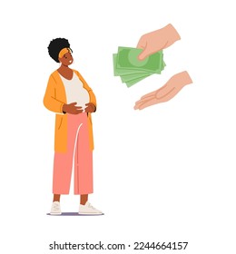 Hand Giving Money to Pregnant Woman. Female Character Getting Social Financial Help, Assistance For Future Mother, Pregnancy, Maternity, Support Concept. Cartoon People Vector Illustration