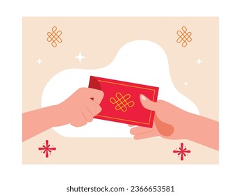 Hand giving money red packet to child, celebrating chinese new lunar year, tradisional culture. Character design. Vector flat illustration