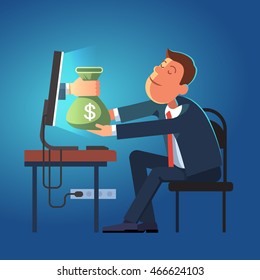 Hand Giving Money Sack From A Computer To Young Business Man Sitting At His Office Desk. Modern Flat Style Concept Vector Illustration Isolated On Dark Blue Background.