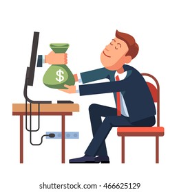 Hand giving money sack from a computer to young business man sitting at his office desk. Modern flat style concept vector illustration isolated on white background.