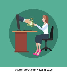 Hand giving money sack from a computer to young business man sitting at his office desk.