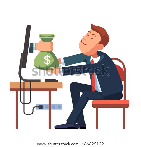 Hand giving money sack from a computer to young business man sitting at his office desk. Modern flat style concept vector illustration isolated on white background.