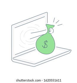 Hand giving money sack from the laptop display - online payment, receive transfer, credit, make money online, remuneration, award or offer. Flat thin line vector icon on white background.