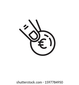 Hand giving money thin line icon. Euro, coin, cash isolated outline sign. Finance, donation, payment concept. Vector illustration symbol element for web design