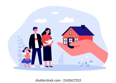 Hand giving new home to father, mother and kids. Family house for man, woman and children flat vector illustration. Property, loan, real estate concept for banner, website design or landing web page