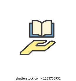 Hand giving open book filled outline icon, line vector sign, linear colorful pictogram isolated on white. Book on a palm symbol, logo illustration. Pixel perfect vector graphics